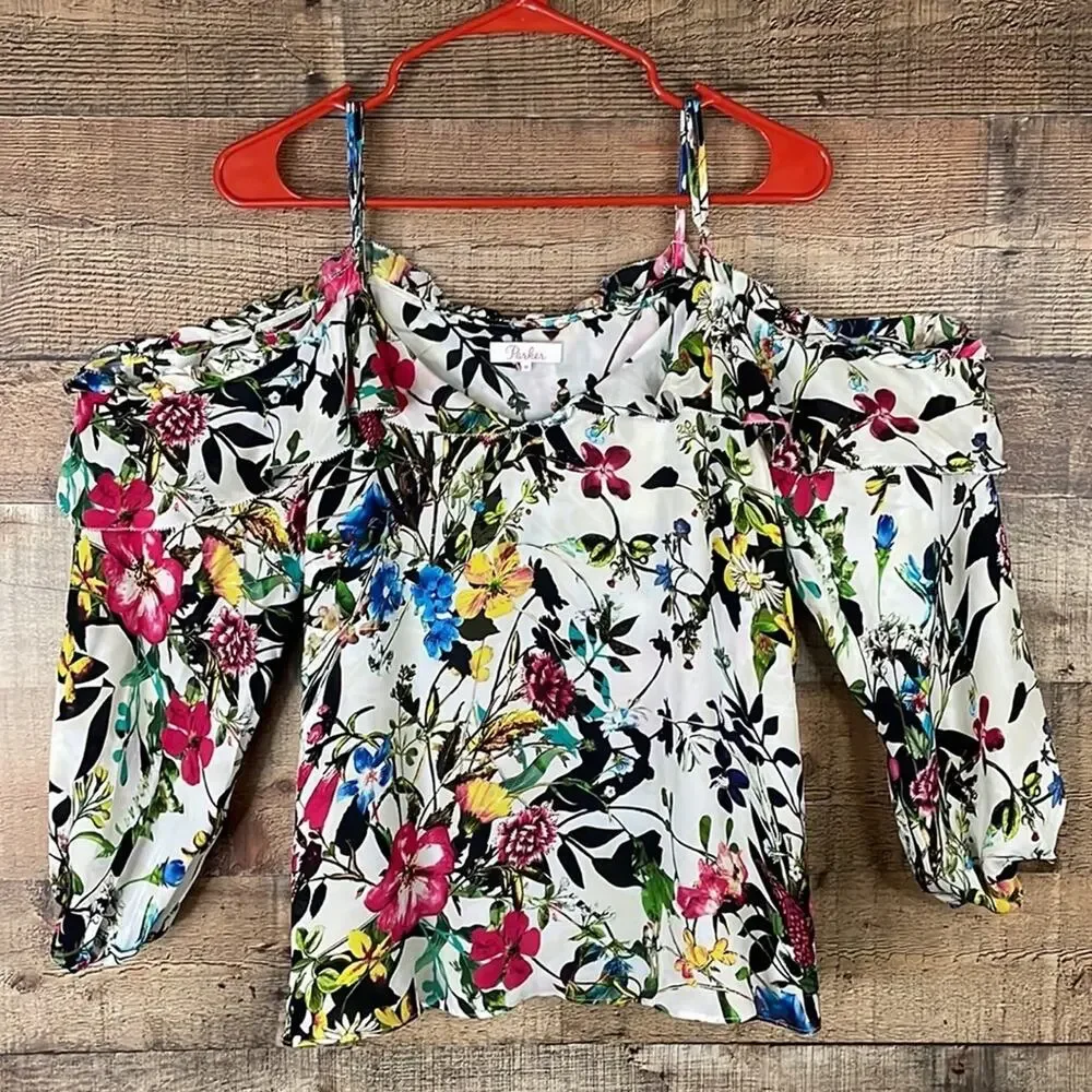 Parker Clark Floral Print Silk Blouse Cold Shoulder Long Sleeve Size Medium